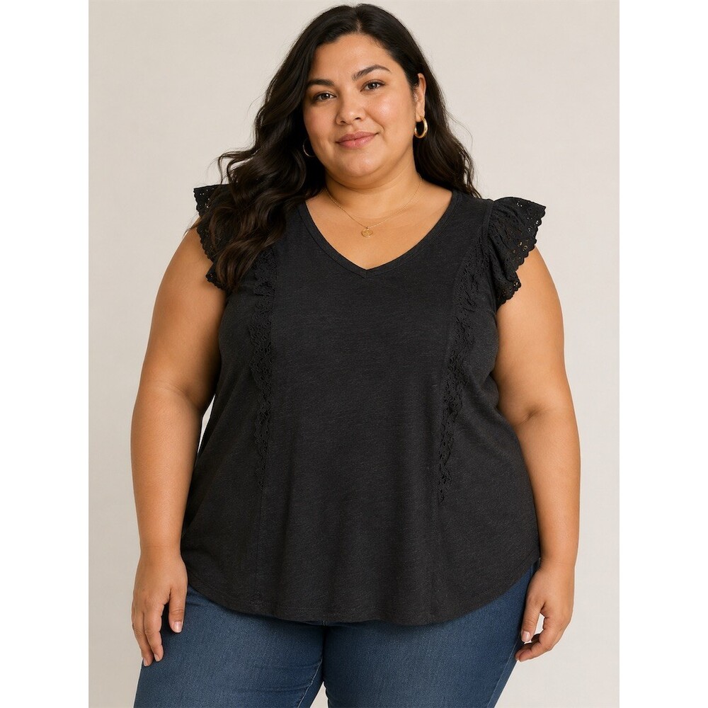 Terra & Sky Blouse Womens Plus 2XL Black V-Neck Flutter Sleeve Lace Trim